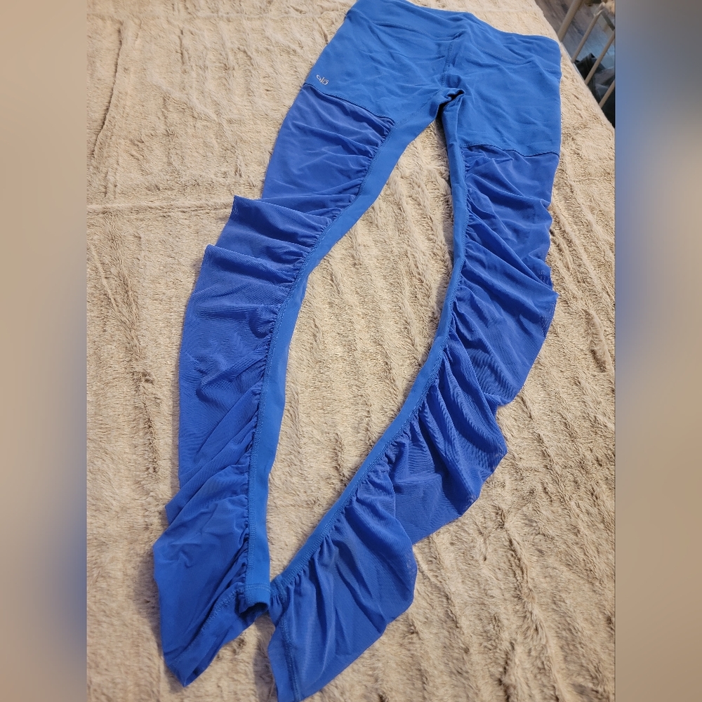 ALO YOGA GODDESS MESH LEGGING BLUE RUCHED SHEER SIZE LARGE